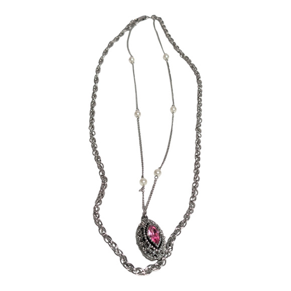 Unbranded Jewelry - Vintage Style Layered Necklace Pink Rhinestone Marquise Pendant‎ Pearl Accents